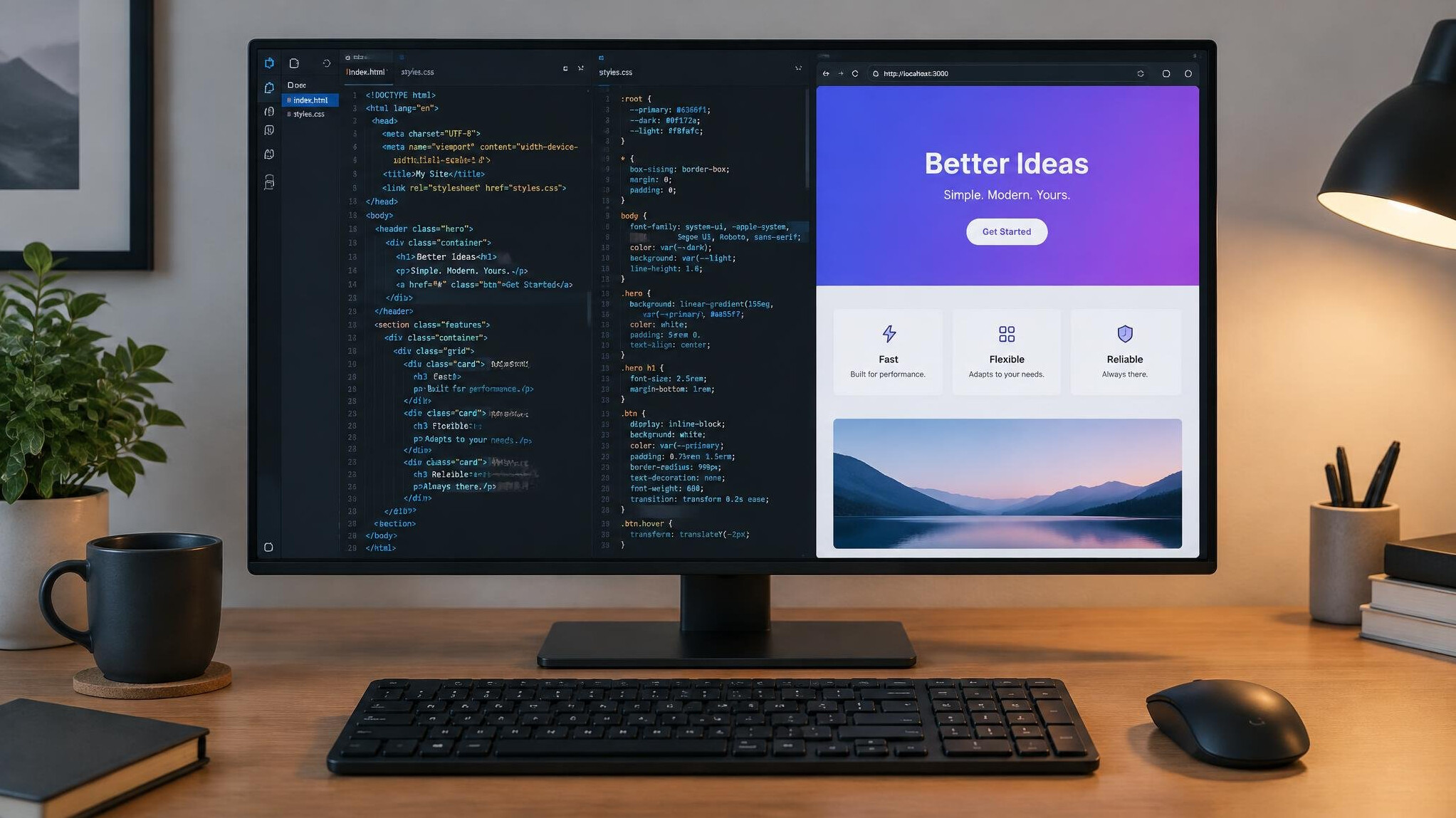Computer monitor showing website code and design layout