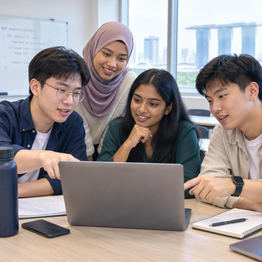 Diverse group of young Singaporean students collaborating around a laptop in a coding class