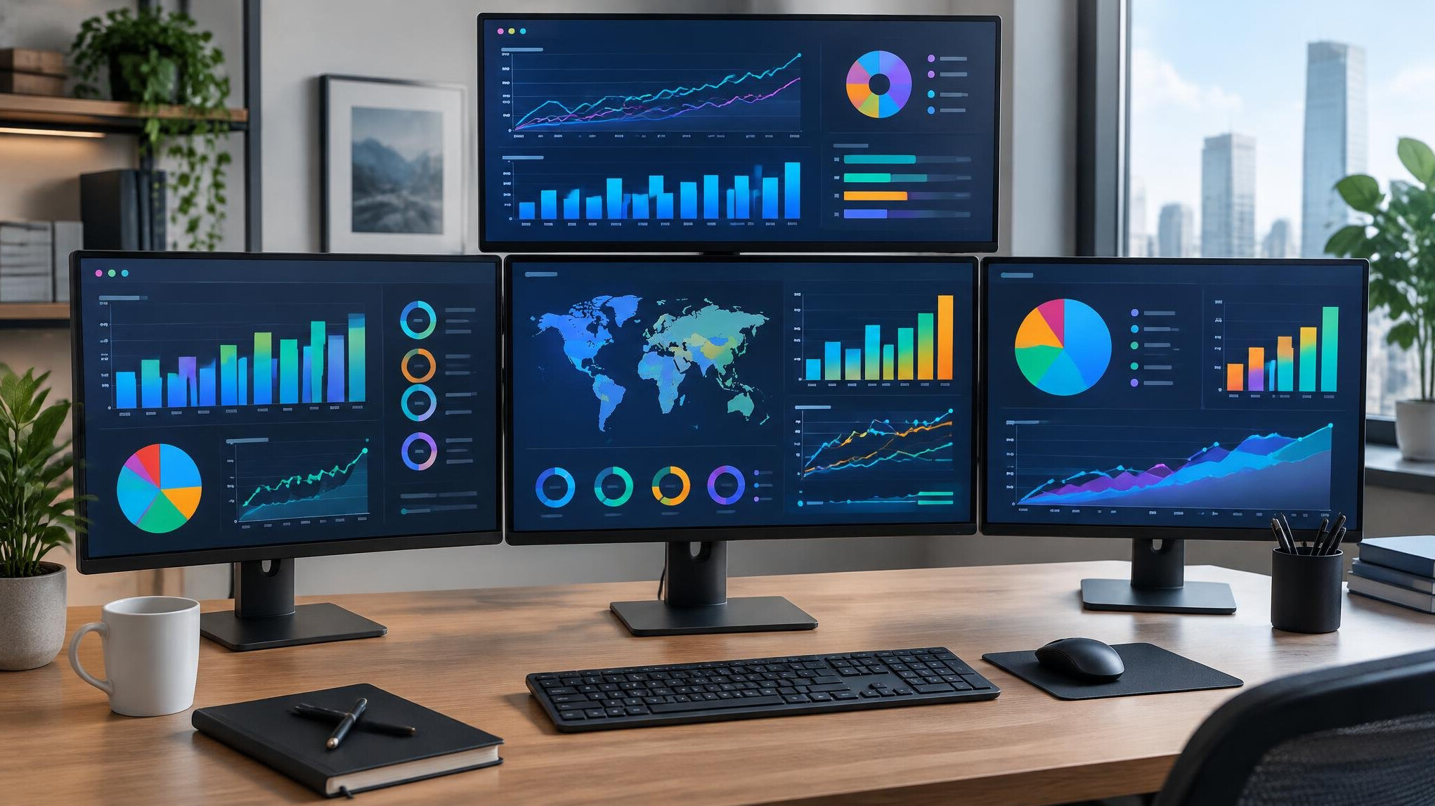 Data analytics dashboard with charts and graphs on multiple screens